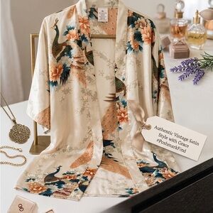 Silk-Feel Floral Peacock Kimono Robe in Light Silver